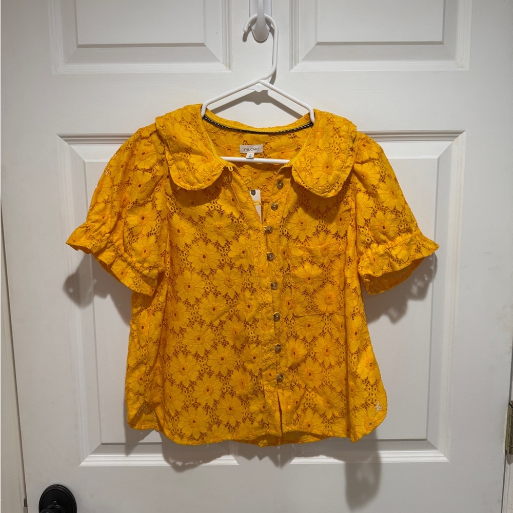 Yellow Lace Button-Up Blouse